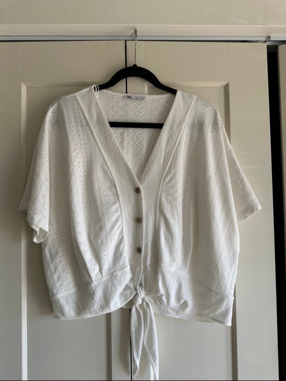 Zara White Tie-Front Eyelet Crop Top